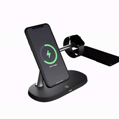 Zijaanzicht van een draadloos laadstation, compact en modern design; geschikt voor diverse smartphones en wearables.