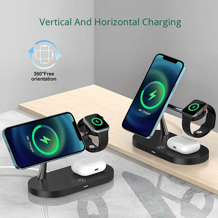 Wit universeel 3-in-1 draadloos laadstation toont smartphone en smartwatch, snel en geordend opladen.