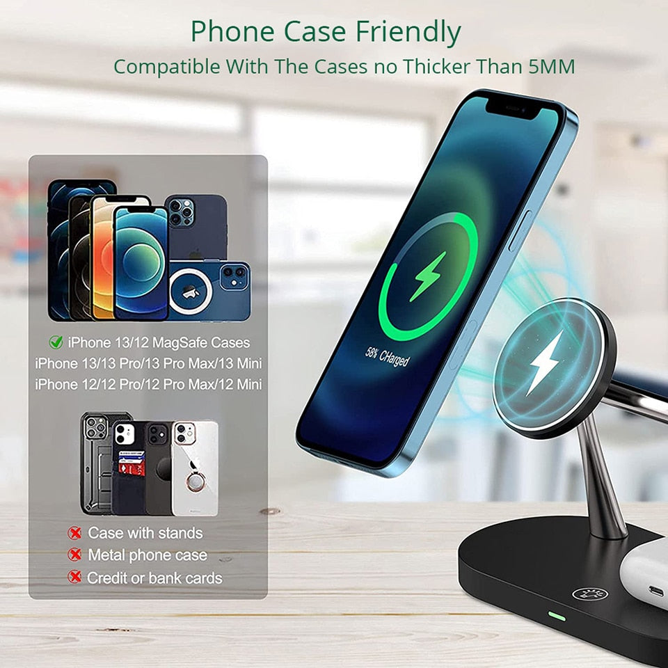 Compact draadloos oplaadstation, laadt smartphone, smartwatch en oordopjes tegelijkertijd; ideaal voor bureau.