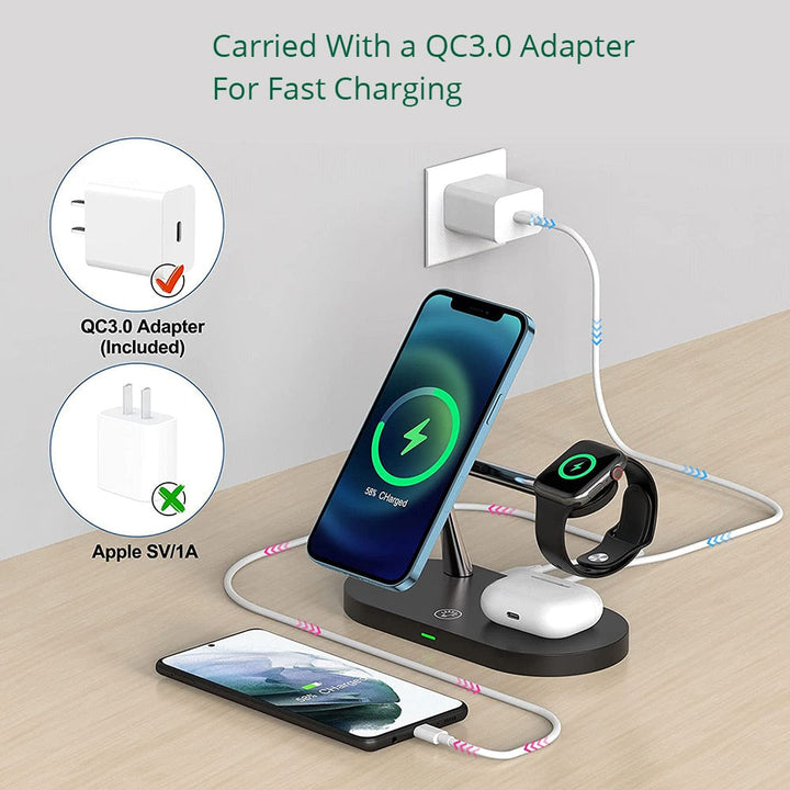 Zwart 3-in-1 draadloos laadstation op nachtkastje met smartphone, oordopjes, smartwatch; praktisch accessoire.