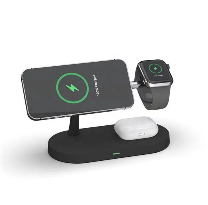 Overzicht van universeel draadloos laadstation met verlichte indicatoren voor smartphone, smartwatch, oordopjes.