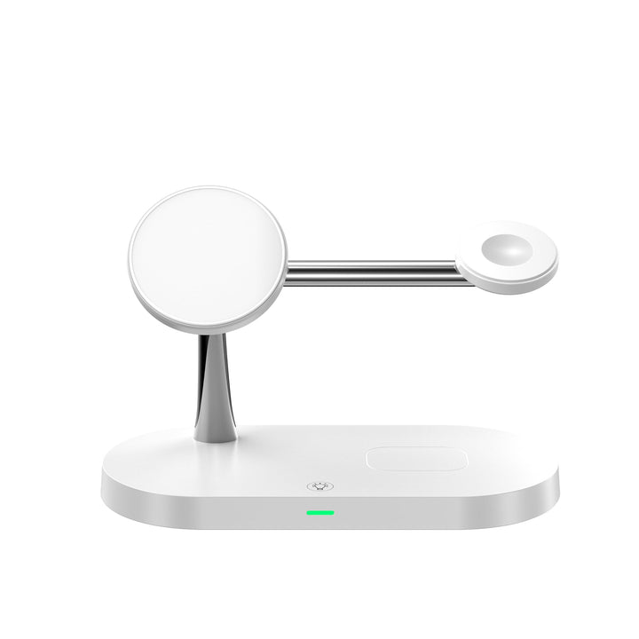 Draadloos laadstation met meerdere apparaten, strak design; houdt alles georganiseerd en opgeladen.
