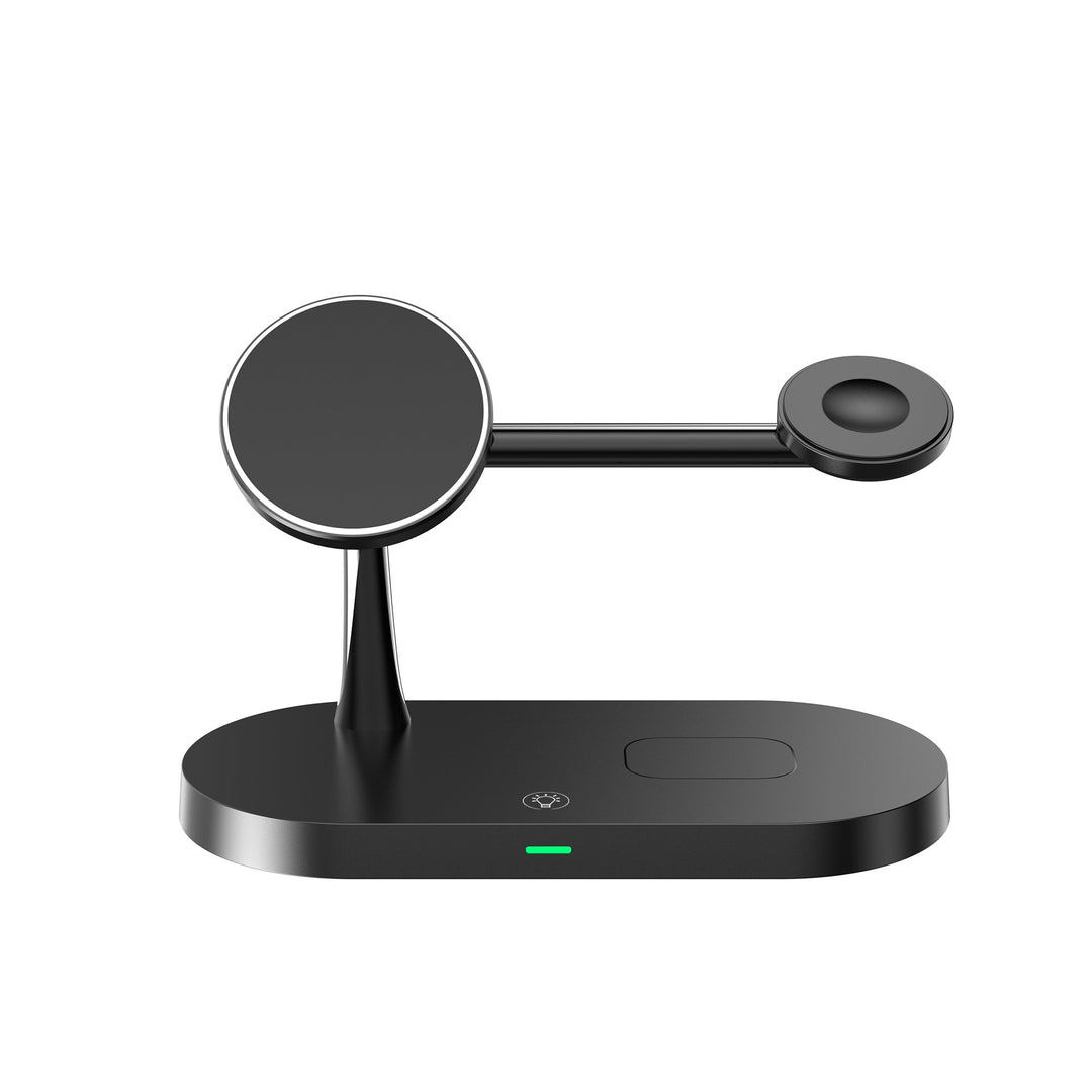 Gebruikersvoorbeeld van een universeel 3-in-1 laadstation; toont gemak van simultaan opladen van gadgets.