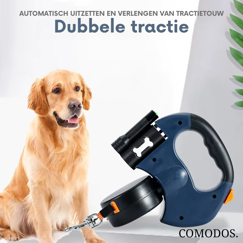 Stevige dubbele hondenriem met LED licht, ontworpen voor het gelijktijdig uitlaten van twee honden.