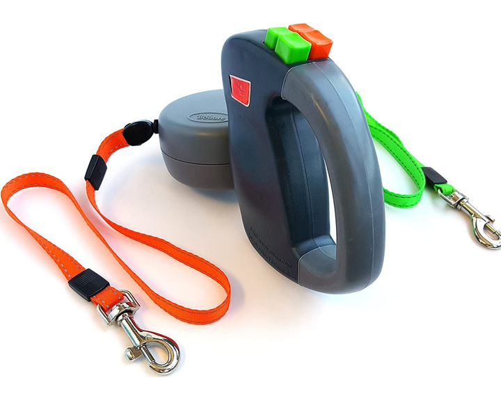 Flexibele, reflecterende dubbele hondenriem van SANDSBERGORIGINALS, veilig wandelen met twee honden, ook 's avonds.