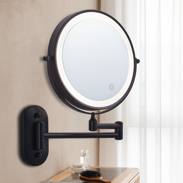 "Dubbelzijdige make-up spiegel met LED-verlichting en vergrootlens, chromen frame, stijlvol en functioneel, wandmontage."