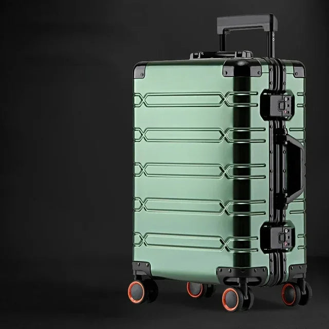 Stijlvolle aluminium-magnesium reiskoffer met soepele, stille wielen voor comfortabel manoeuvreren.