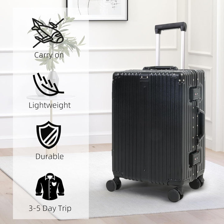 Robuuste reiskoffer met lichtgewicht aluminium frame, stille dubbele wielen en een veilig TSA-slot. Handbagage formaat.