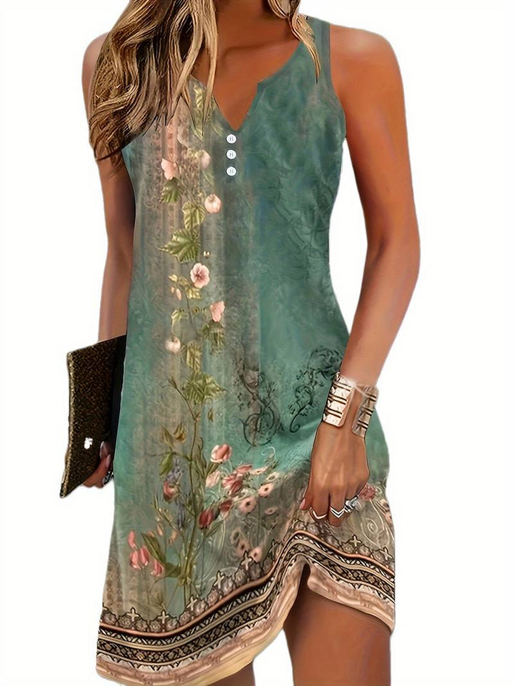 Lichtgewicht polyester dames mini-jurk met elegante bloemenprint, mouwloos en ideaal voor warm weer.