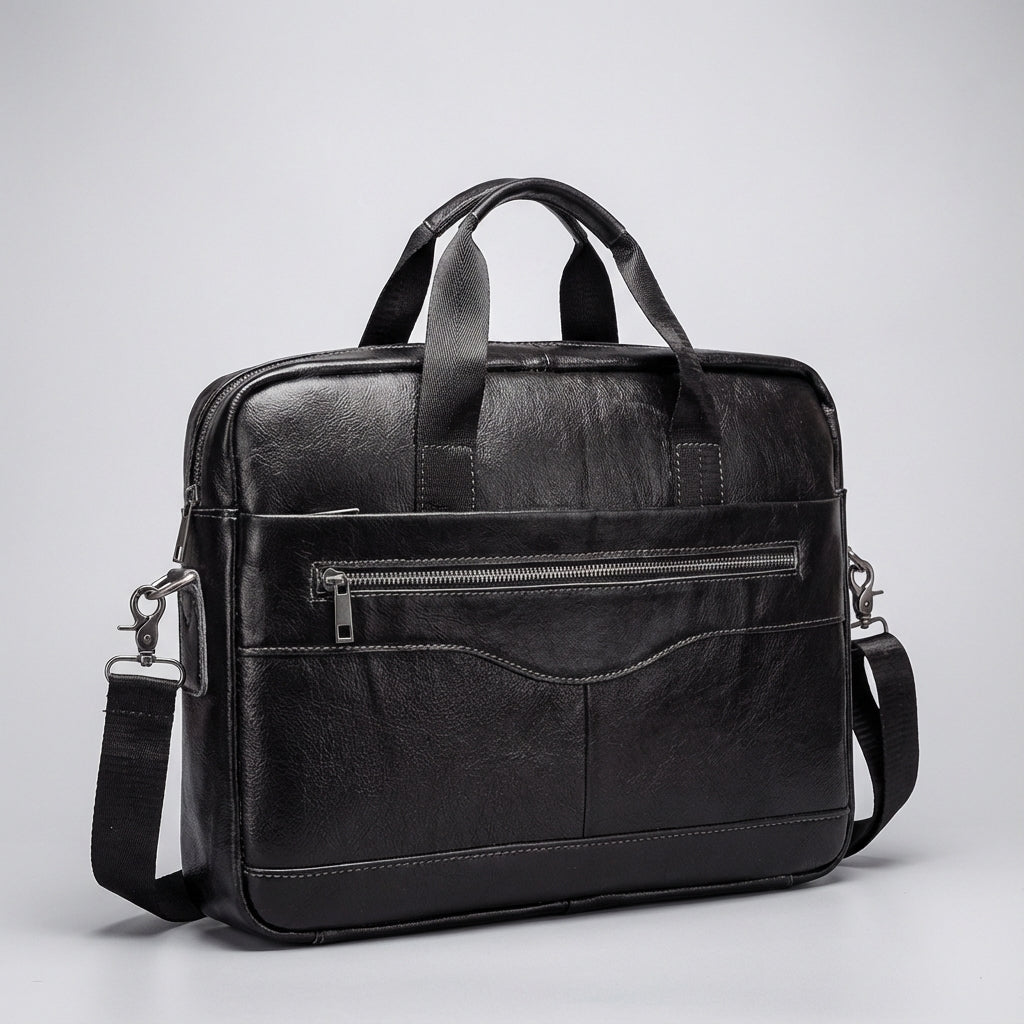 Stijlvolle donkerbruine leren aktetas/laptoptas voor heren en dames. Perfect voor een professionele kantooroutfit.
