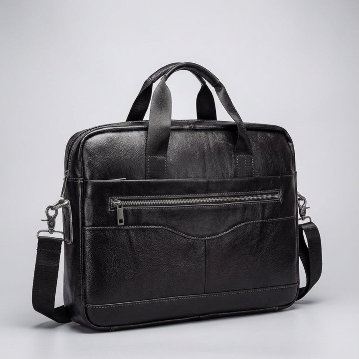 Stijlvolle donkerbruine leren aktetas/laptoptas voor heren en dames. Perfect voor een professionele kantooroutfit.