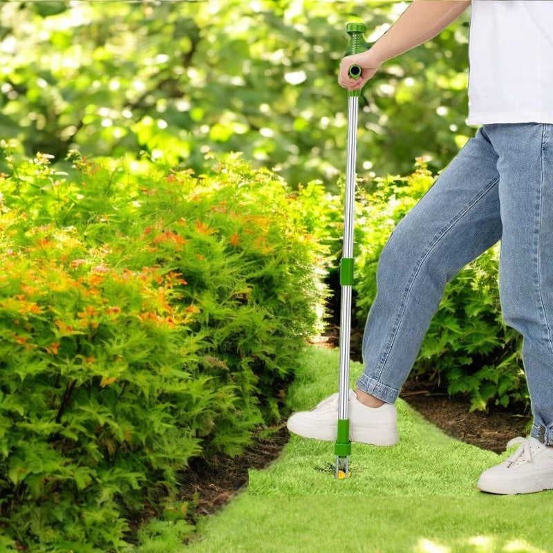 "EcoTurf onkruidverwijderaar, aluminium, lange handgreep, ergonomisch ontwerp, voor moeiteloos tuinieren zonder bukken."
