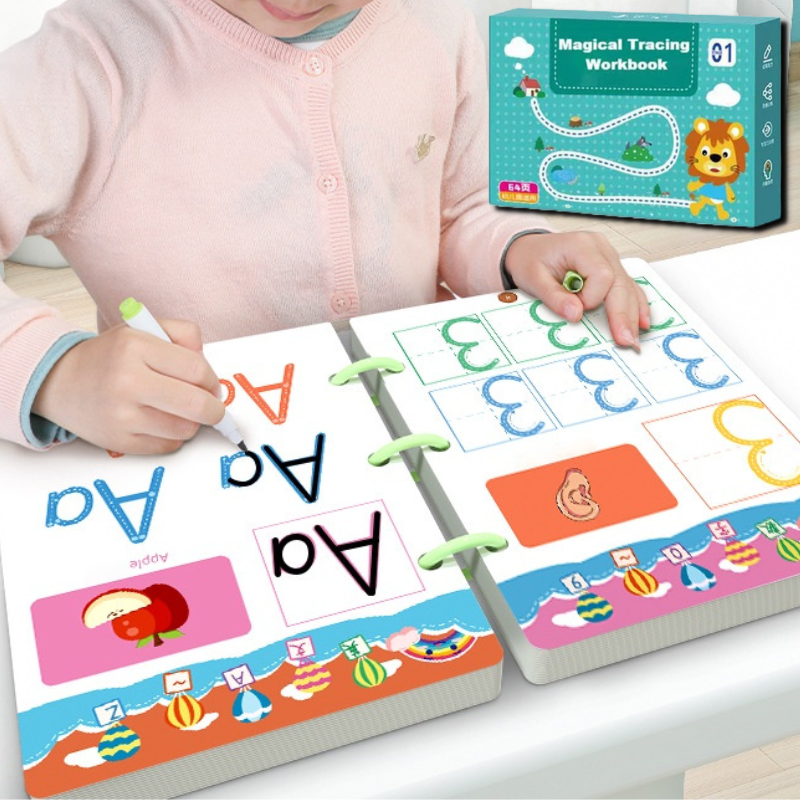 Educatief herbruikbaar traceren werkboek voor kinderen; oefen letters, cijfers & vormen. Goed voor fijne motoriek.