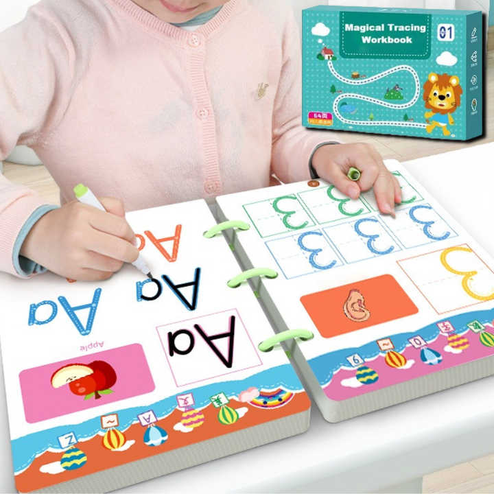 Educatief herbruikbaar traceren werkboek voor kinderen; oefen letters, cijfers & vormen. Goed voor fijne motoriek.
