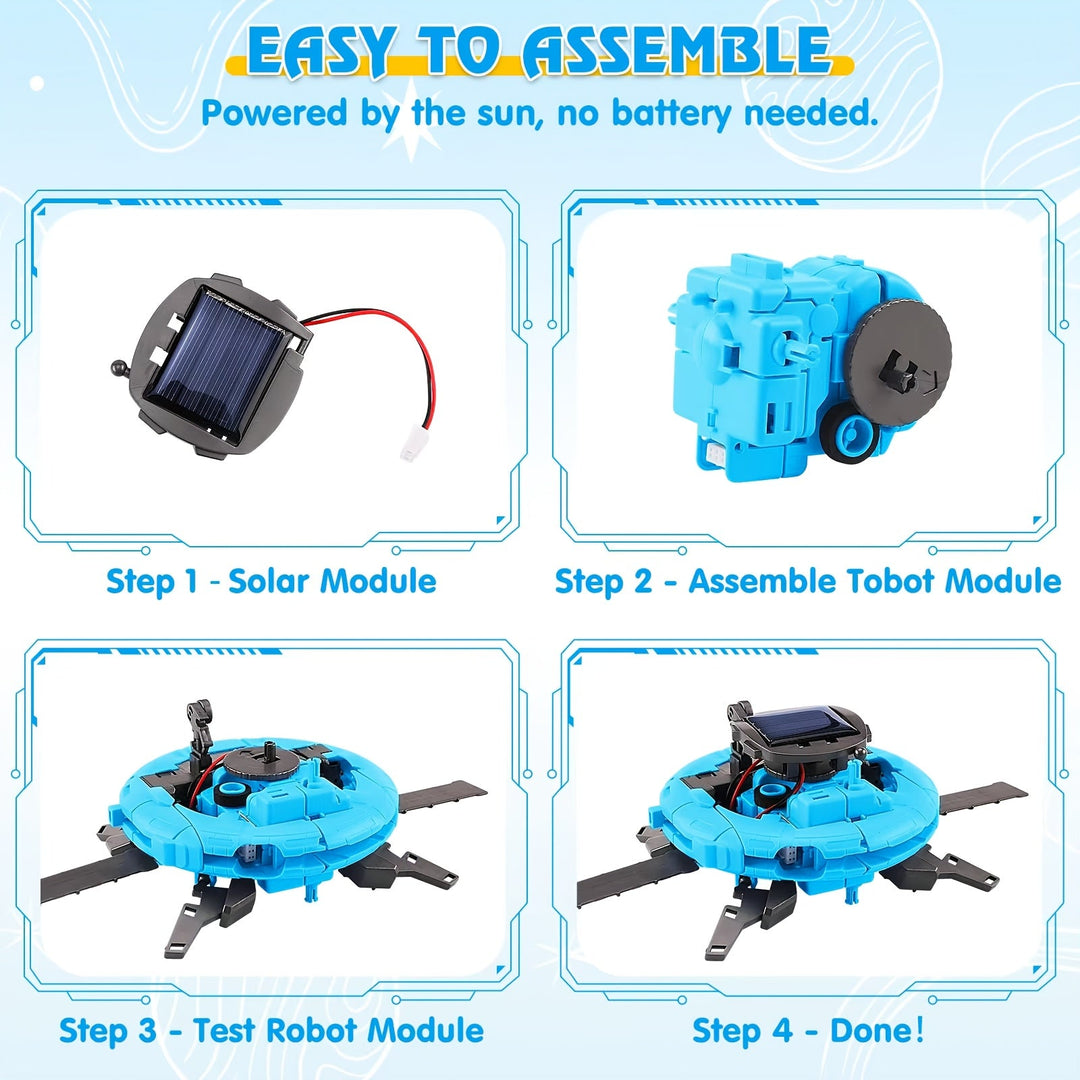 "Educatieve Solar Robot 6-in-1 bouwset voor kinderen, blauw en milieuvriendelijk, werkt op zonne-energie, 6 modellen."