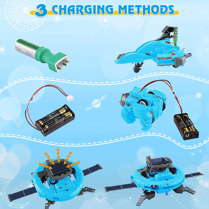 "Educatieve Solar Robot 6-in-1 bouwset voor kinderen, blauw en milieuvriendelijk, werkt op zonne-energie, 6 modellen."