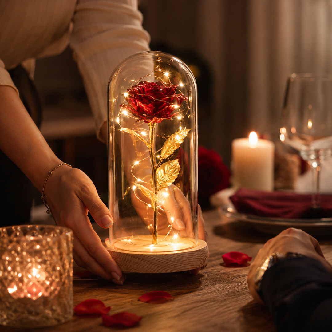 Tijdloze gouden kunstbloem roos in glazen stolp met warm LED licht. Romantisch geschenk idee.
