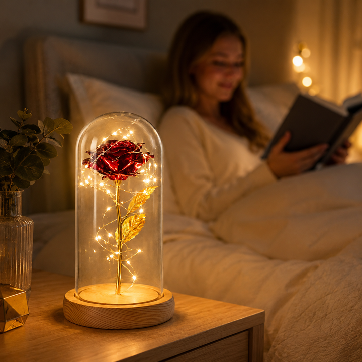 Eeuwige gouden roos met LED-verlichting in stolp. Prachtig voor interieur decoratie of cadeau.