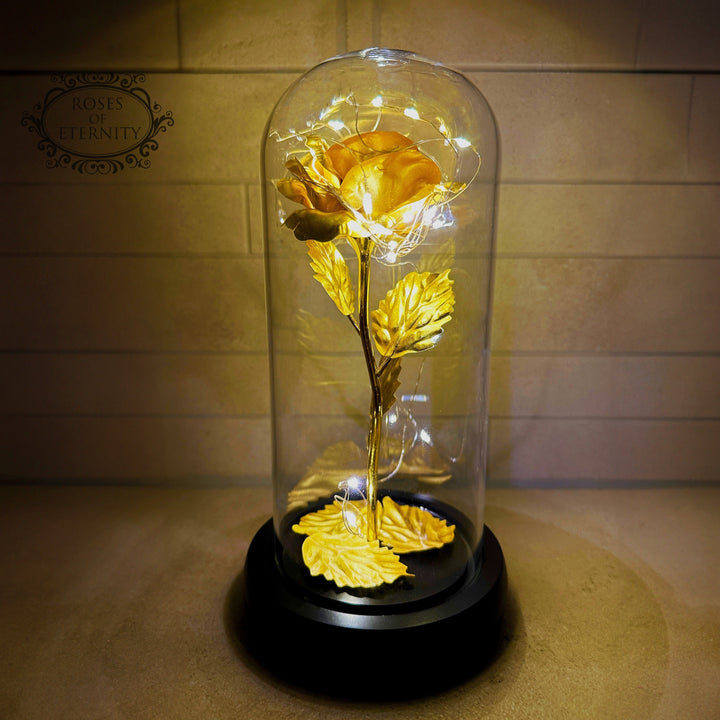 Decoratieve glazen stolp met gouden roos en LED-lichtjes. Een uniek en eeuwig geschenk.