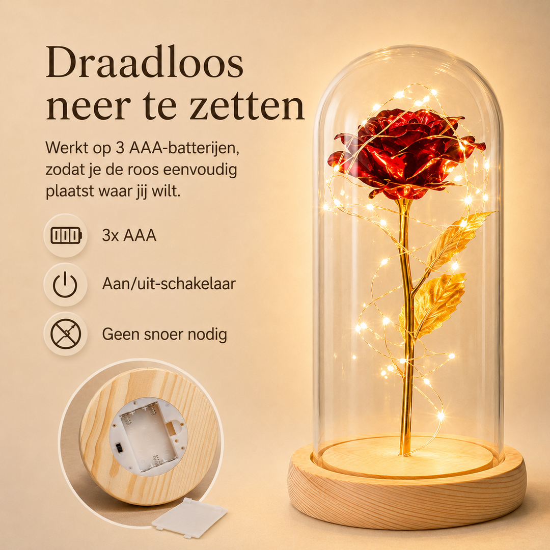 Prachtige eeuwige roos in glas met LED, ideaal als romantische decoratie of geschenk.