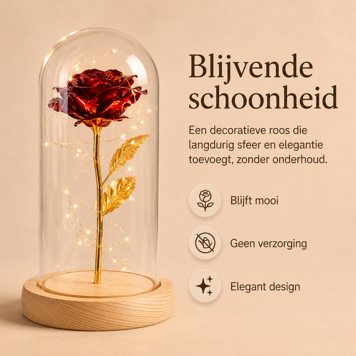 Gouden roos met LED-verlichting in glazen stolp, tijdloos interieur stuk en Valentijn cadeau.