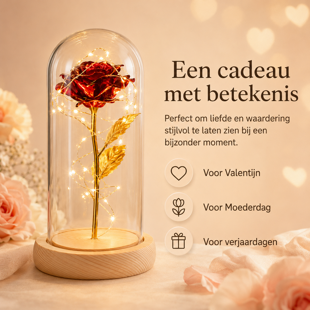 Romantisch geschenk: gouden roos onder glas met LED-verlichting, ideaal voor huwelijk of verjaardag.