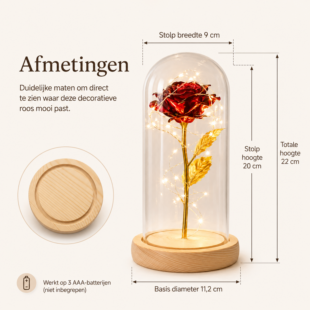 Unieke gouden eeuwige roos in stolp met LED, betoverende decoratie voor elk interieur.