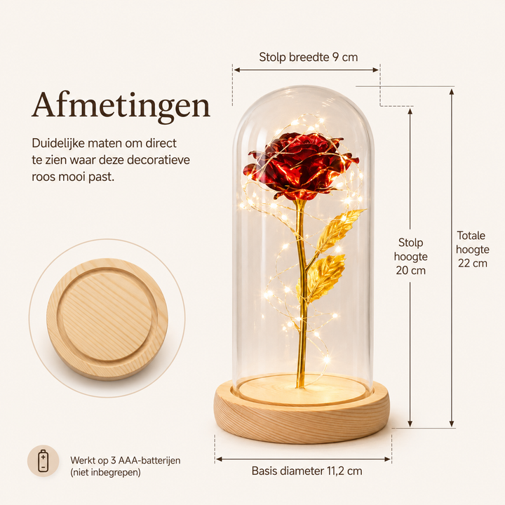 Unieke gouden eeuwige roos in stolp met LED, betoverende decoratie voor elk interieur.
