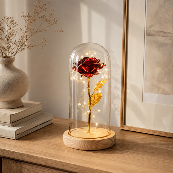 Sfeervolle LED-verlichting rond gouden roos in glazen stolp. Romantisch en elegant interieur item.