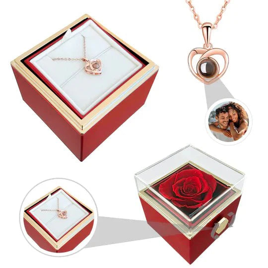 Eeuwige rozen doos met gouden hartprojectieketting, betoverend en elegant sieraad voor betekenisvolle herinneringen.