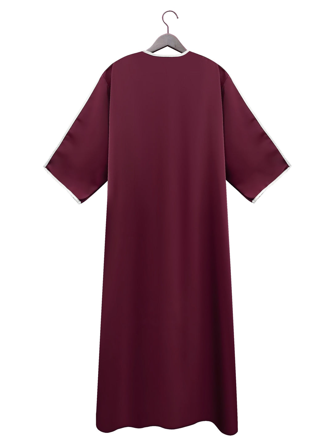 "Effen heren djellaba, licht en ademend, voor diverse gelegenheden, in bordeauxrood, groen en hemelsblauw."