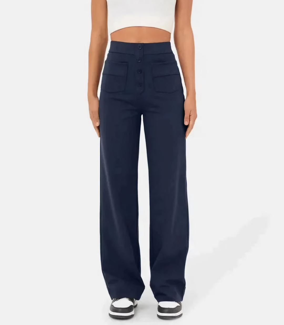 "Elastische hoge taille broek met knoopdetails voor dames, slank silhouet, dagelijks comfort en stijl"