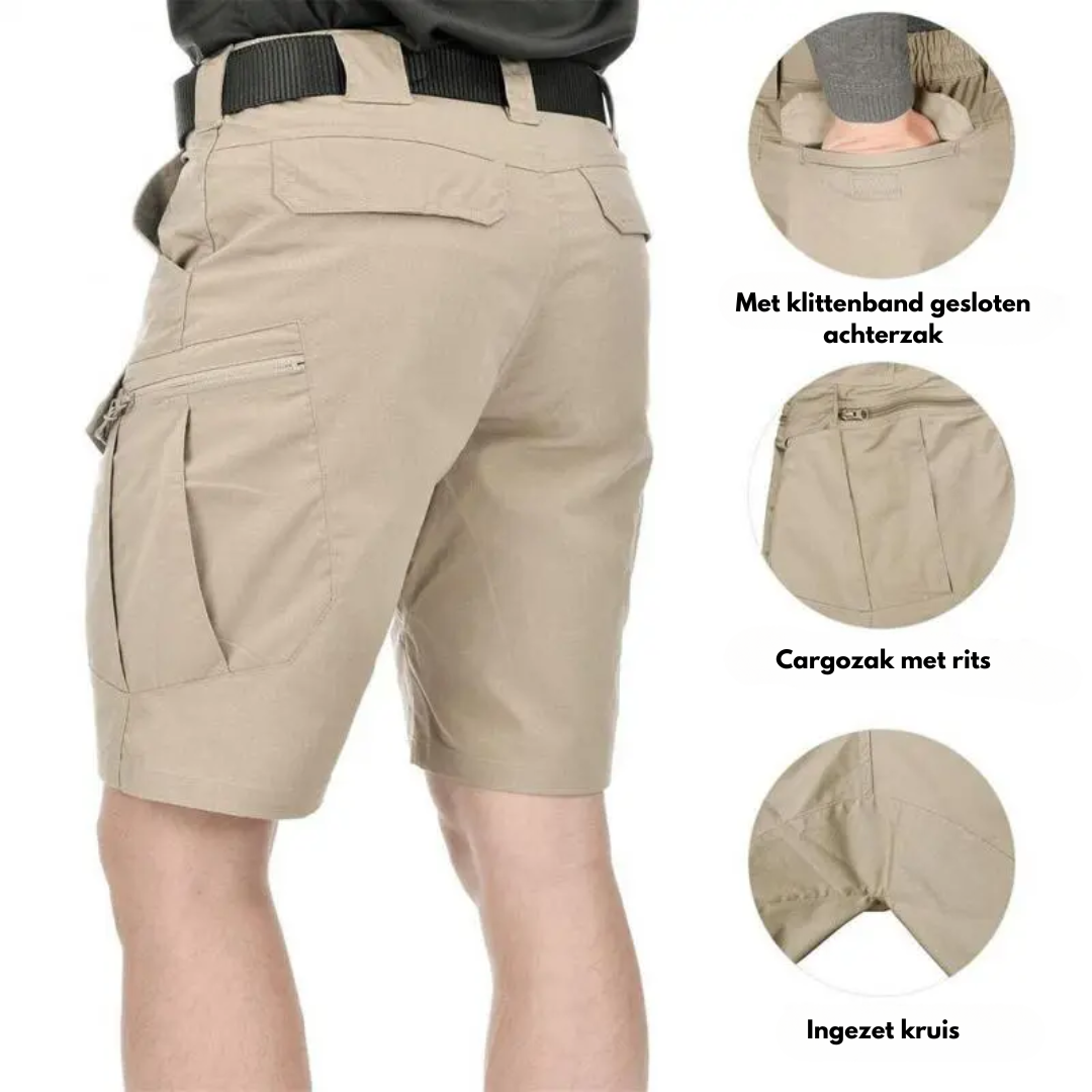 Elastische outdoor cargo shorts heren met 6 zakken in bruin; duurzaam polyester, functioneel voor avontuurlijke activiteiten.