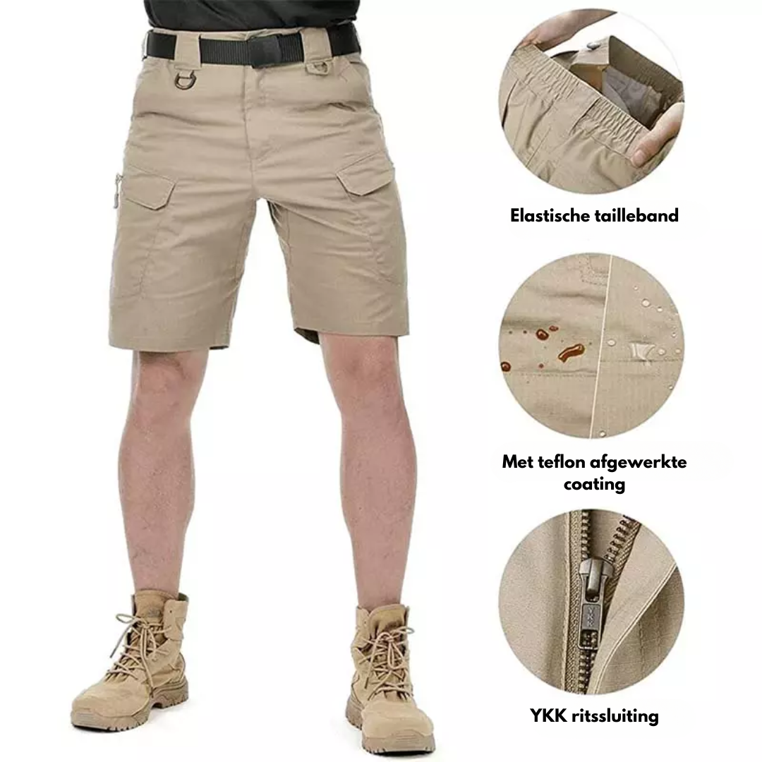 Elastische outdoor cargo shorts heren met 6 zakken in bruin; duurzaam polyester, functioneel voor avontuurlijke activiteiten.