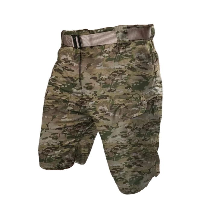 Elastische outdoor cargo shorts heren met 6 zakken in bruin; duurzaam polyester, functioneel voor avontuurlijke activiteiten.