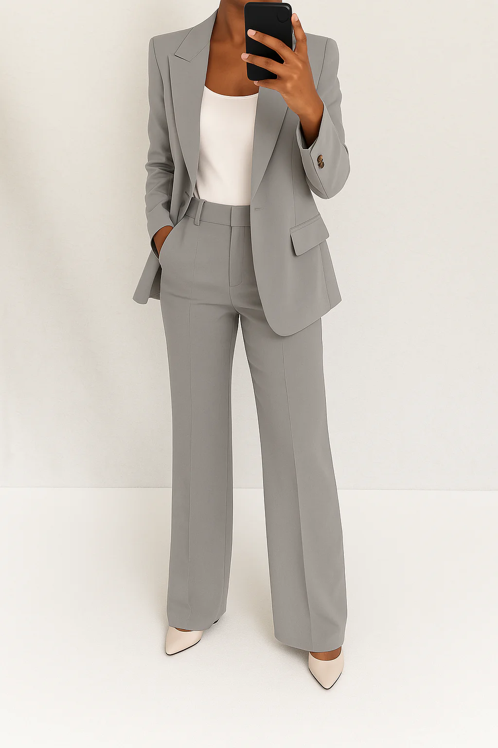 Tweedelig dames broekpak met elegante blazer en soepelvallende wijde pijpen. Stijlvol en formeel.