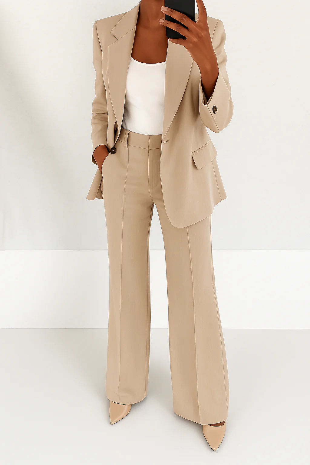 Chique dames kantoorkleding: broekpak met blazer en wijde pijpen. Voor een professionele en elegante uitstraling.