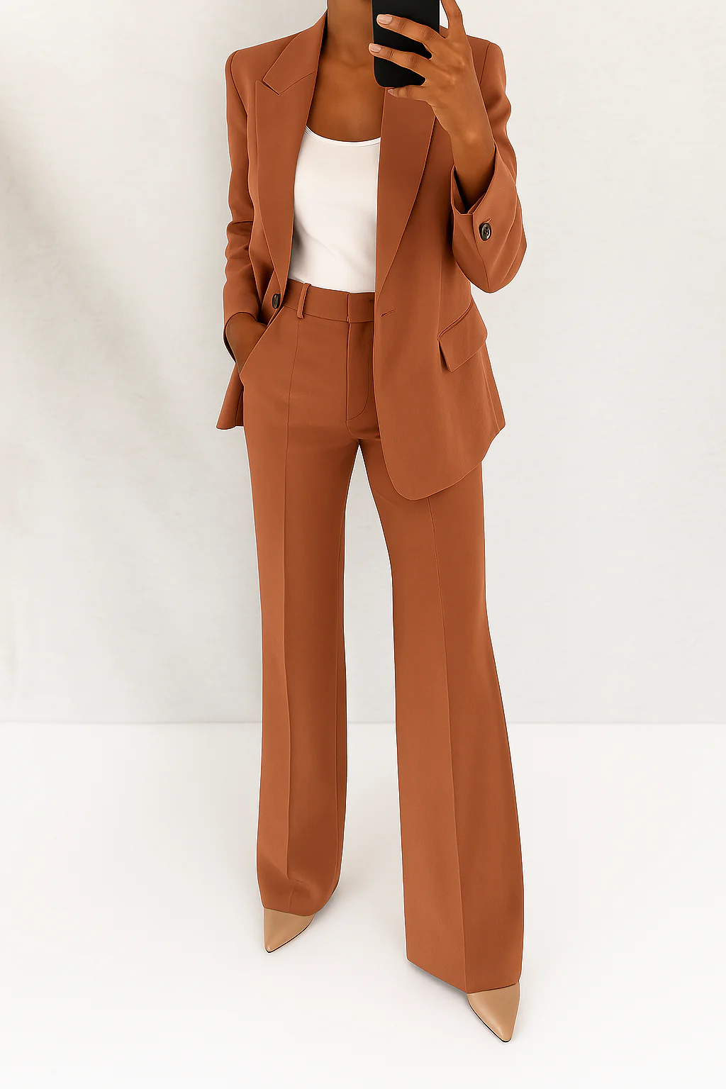 Veelzijdig dames broekpak: blazer en wijdepijpenbroek. Geschikt voor zakelijk, formeel en stijlvol gebruik.