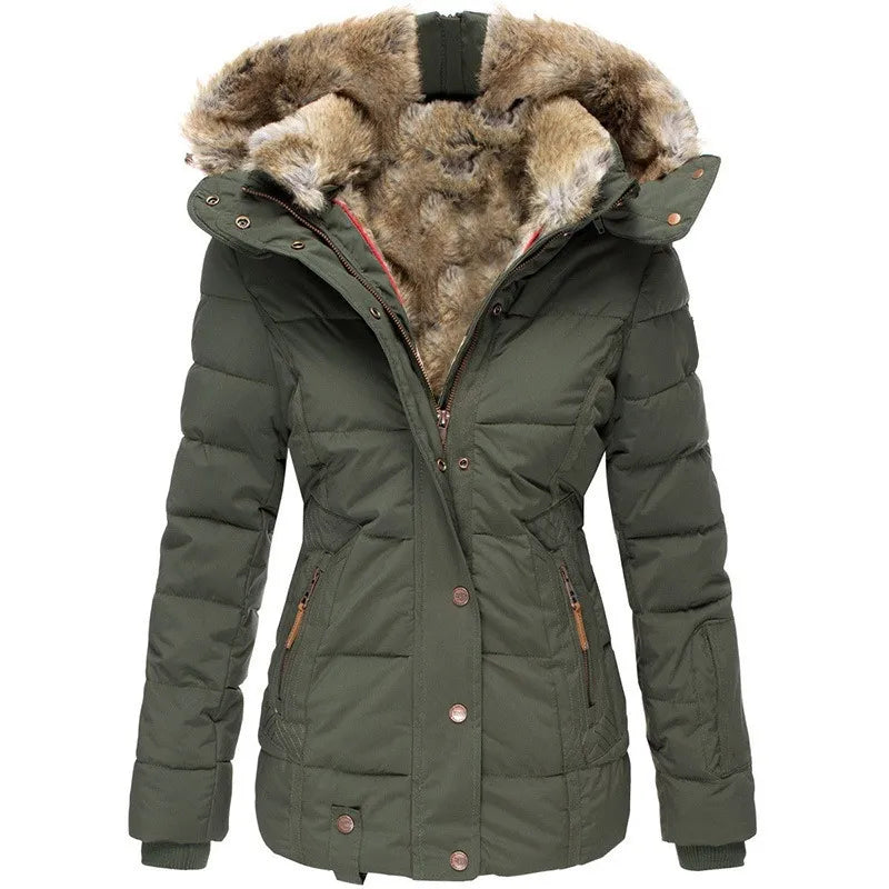 "Elegant damesjasje met capuchon en bont, stijlvolle warme winterjas, perfect voor kou en comfort, beige met luxe afwerking."