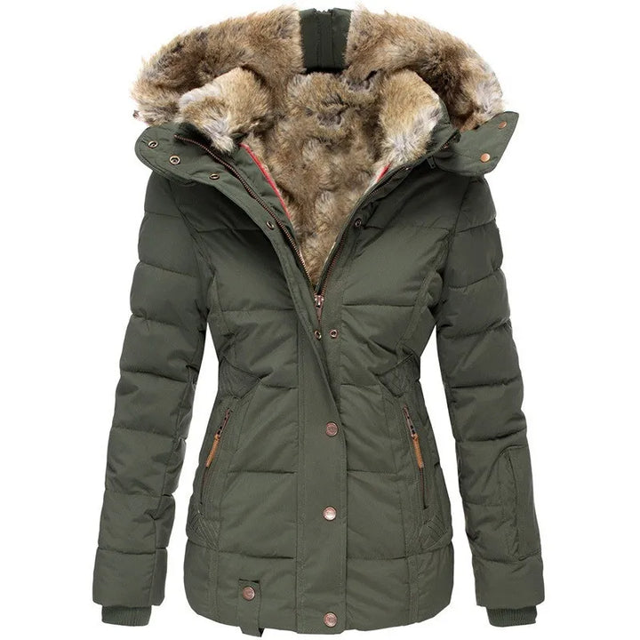 "Elegant damesjasje met capuchon en bont, stijlvolle warme winterjas, perfect voor kou en comfort, beige met luxe afwerking."