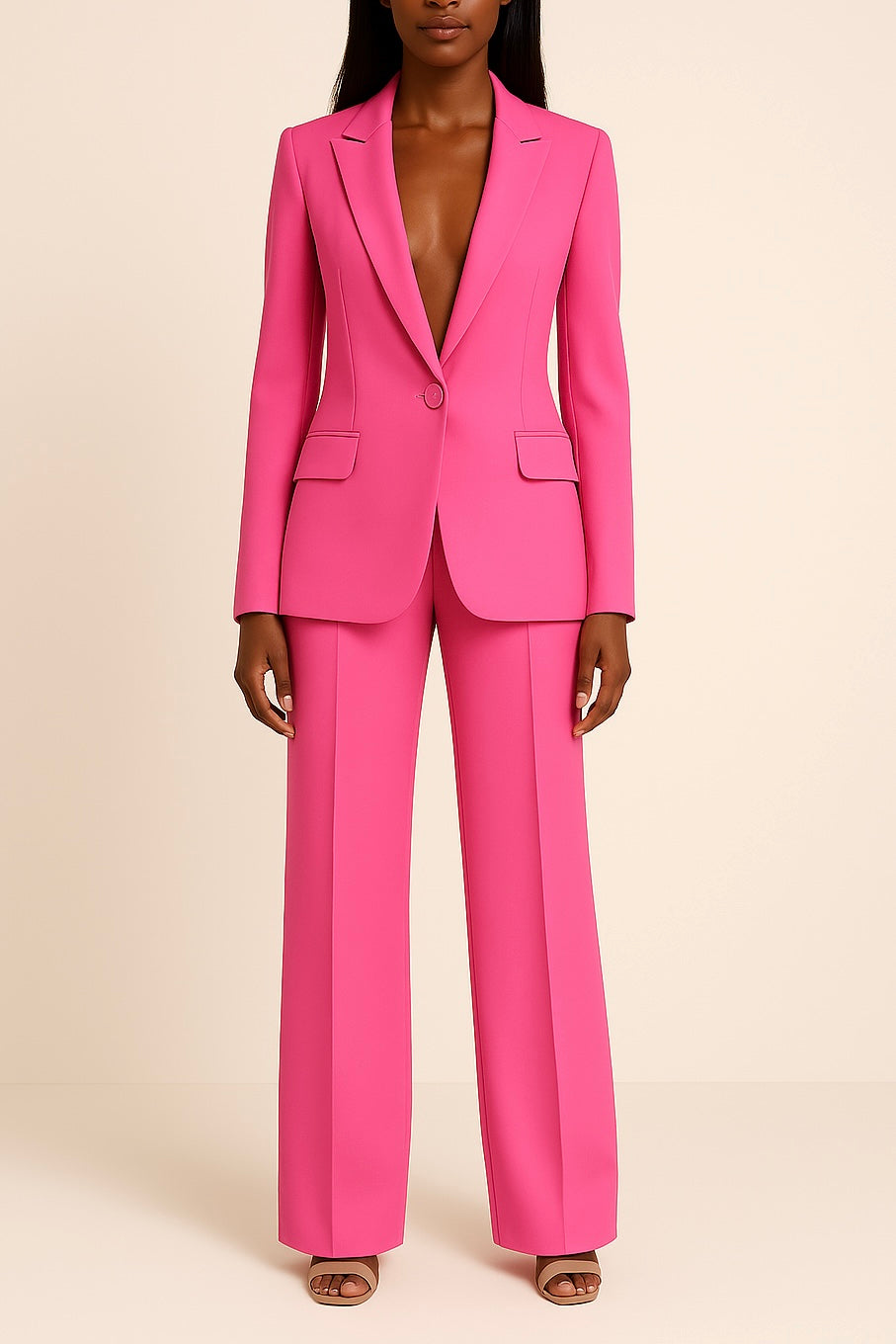 Rechte damesbroek in een elegant pak, passend bij de stijlvolle blazer, ideaal voor veelzijdige damesmode.