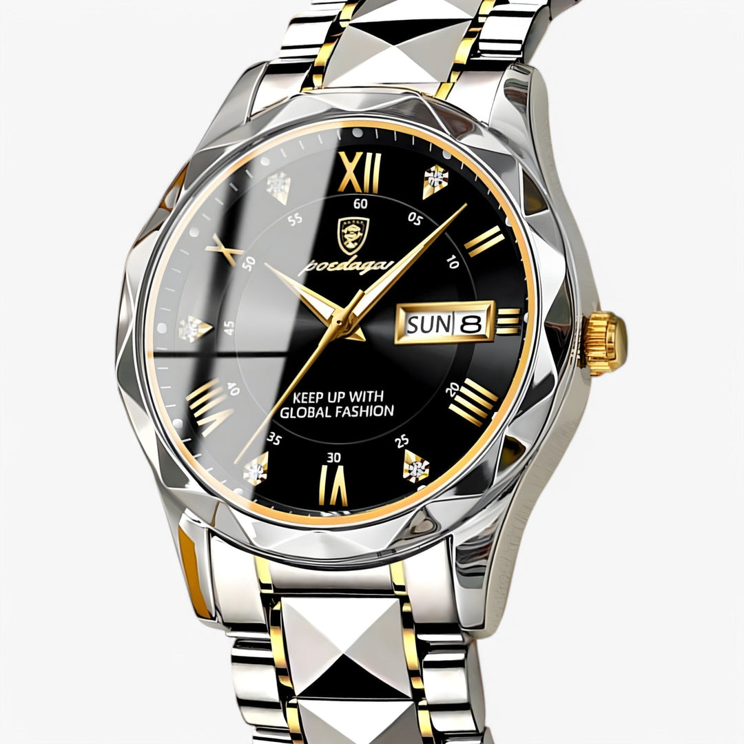 Stijlvol herenhorloge met blauwe accenten op de wijzerplaat, ideaal voor de moderne man.