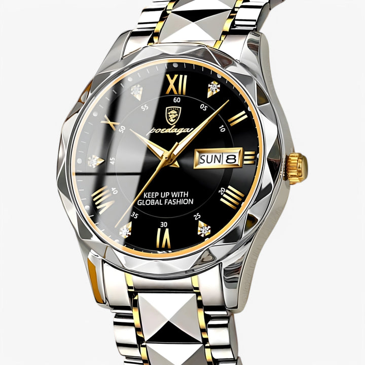Stijlvol herenhorloge met blauwe accenten op de wijzerplaat, ideaal voor de moderne man.