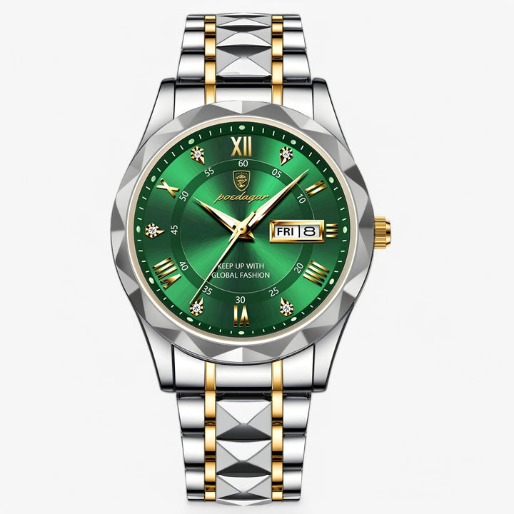 Duurzaam herenhorloge met metalen band, waterbestendig en comfortabel voor dagelijks gebruik.