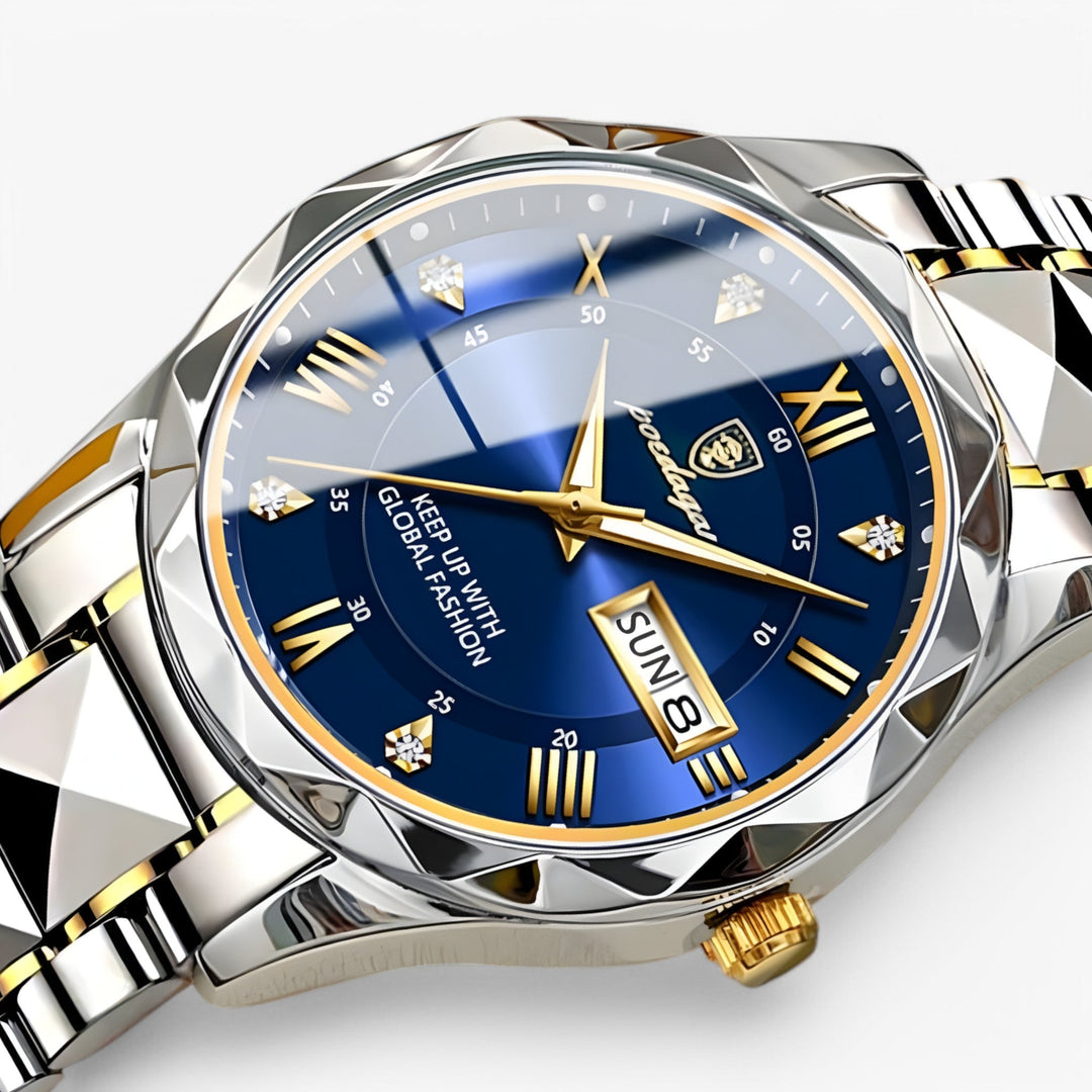 Klassiek herenhorloge met zwarte wijzerplaat en zilveren details; een tijdloos cadeau voor hem.