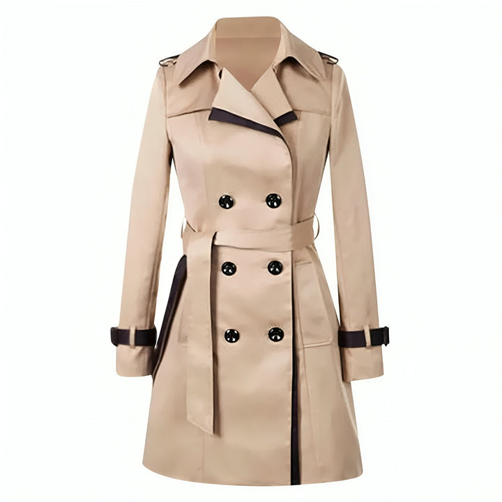 Elegant lange dames trenchcoat met verstelbare taille, knopen en zakken, beschikbaar in zwart en khaki voor veelzijdige stijl