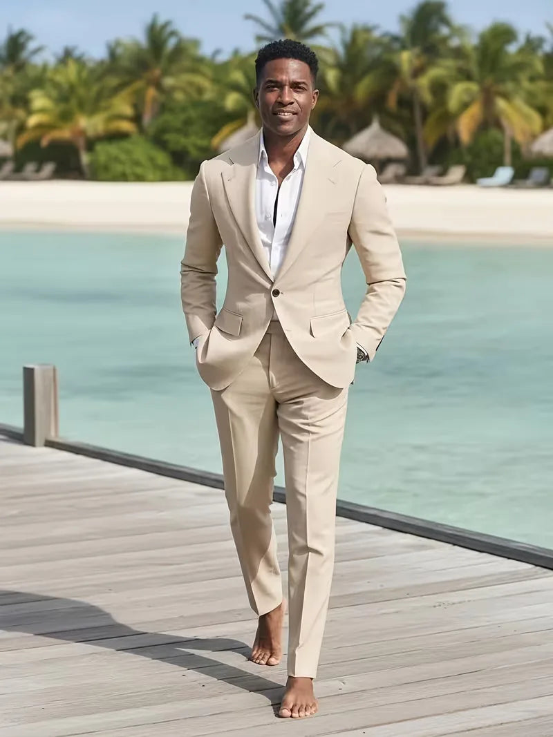 Chique slim fit herenpak, perfect voor een stijlvolle en comfortabele look, zakelijk of feestelijk.