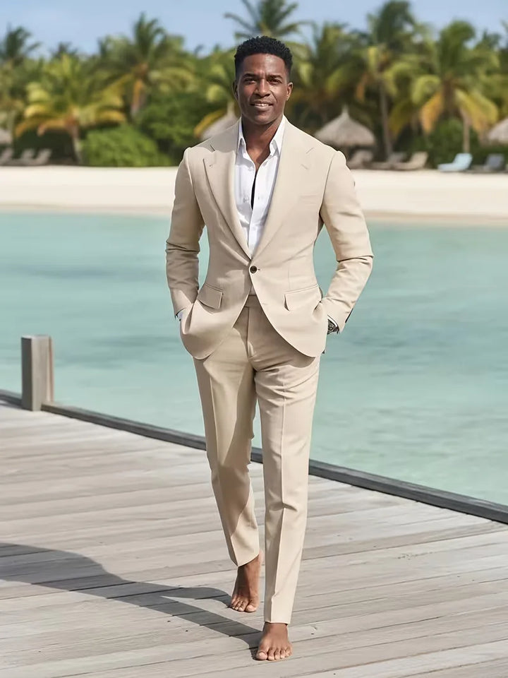 Chique slim fit herenpak, perfect voor een stijlvolle en comfortabele look, zakelijk of feestelijk.