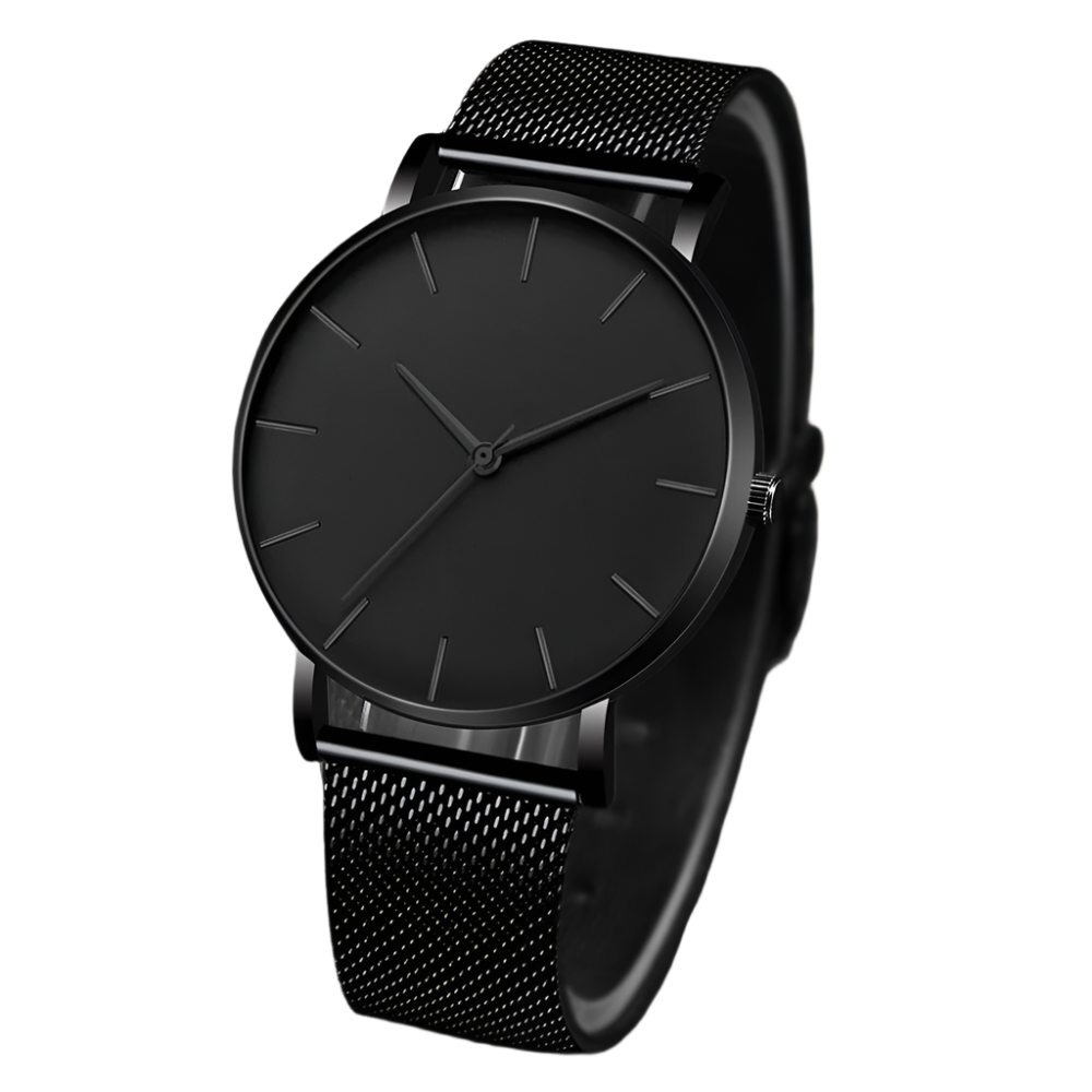 "Elegant minimalistisch herenhorloge met zwarte wijzerplaat en leren band, ideaal voor elke gelegenheid."