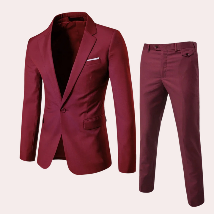 "Elegant rood heren zomerpak met blazer en pantalon, perfect voor formele en semi-formele gelegenheden."